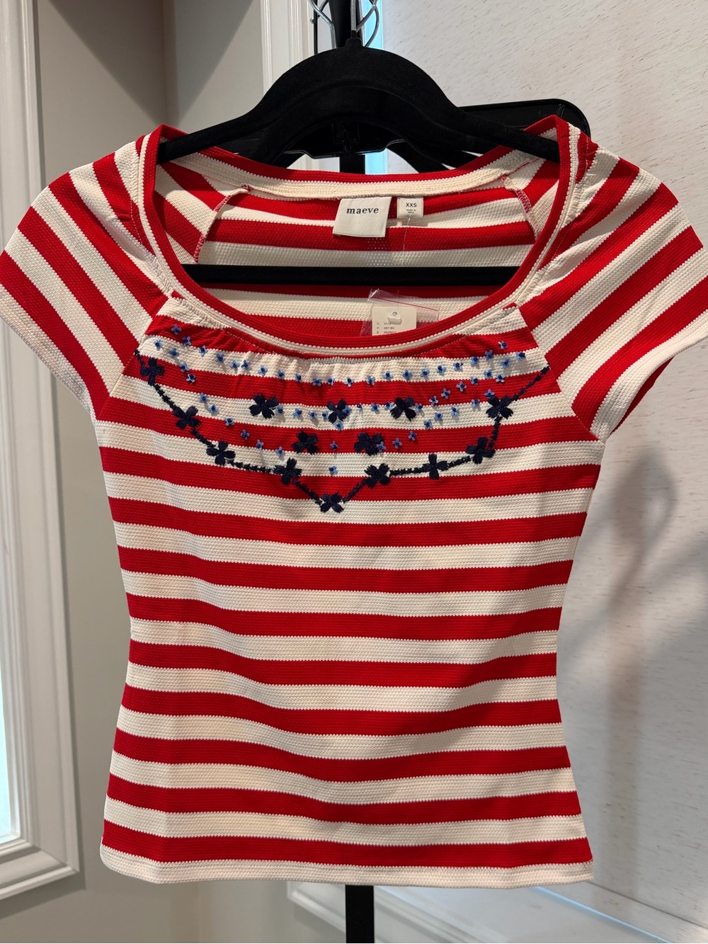 Maeve Red & White Striped Knit Tee with Navy Embroidery